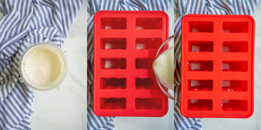 A collage showing the first steps of blending together the yogurt and banana and adding it to a popsicle mold.