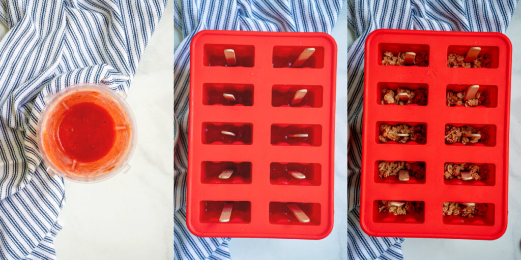 A collage showing the second steps of blending up the strawberries, adding them to the popsicle mold, and adding granola.