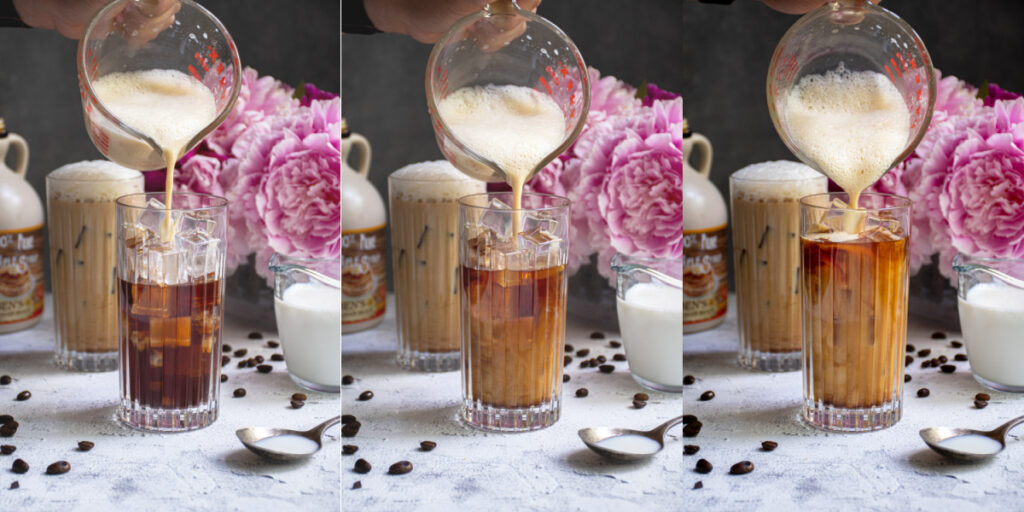 Collage of salted maple foam being poured into a glass of cold brew coffee.