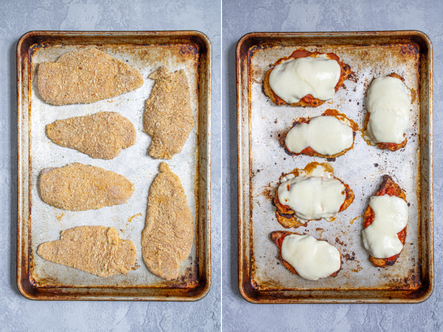 A collage showing the before and after of the chicken cutlets going into the oven and coming out as chicken parm with sauce and melted cheese.