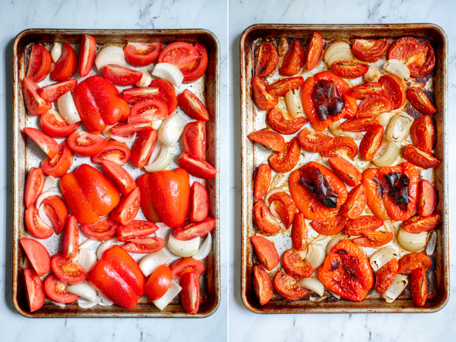 Two photos showing the red peppers, tomatoes, onion, and garlic before and after roasting in the oven.