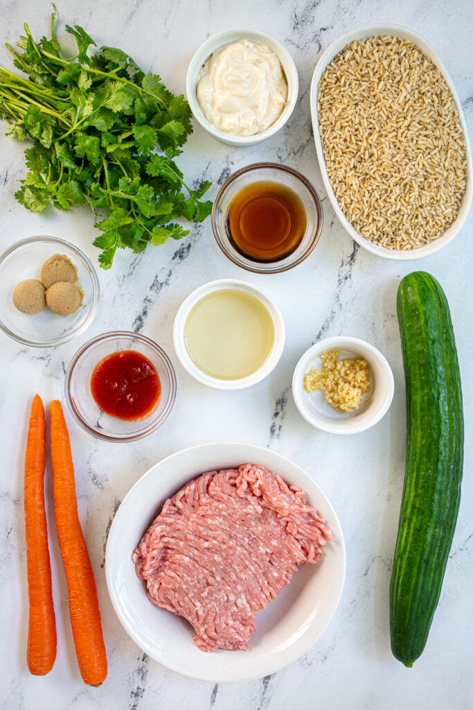 All the ingredients needed to make Banh Mi bowls including ground pork, veggies, and rice.
