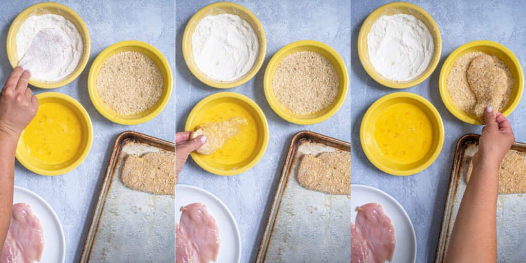 Collage showing the chicken parmesan being dredged in the flour, egg, and breadcrumbs.