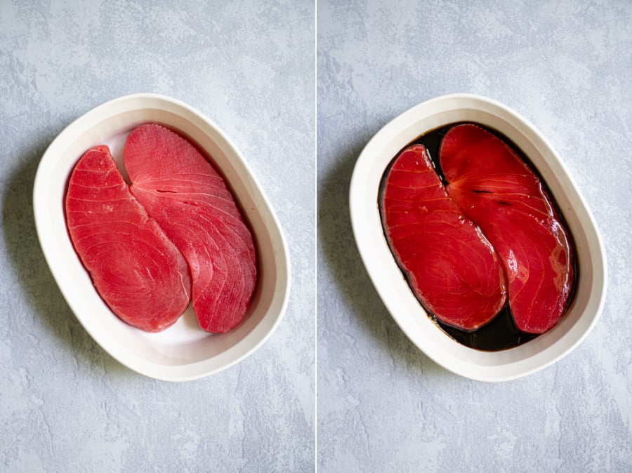 Side by side photo collage showing the tuna steaks and the tuna steaks in marinade.