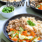 Pinterest Pin with text 'Banh Mi Bowls' with image of bowls of ground pork, brown rice, and quick pickled vegetables.