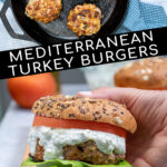 Pinterest Pin with text 'Mediterranean Turkey Burgers' image of a greek turkey burger with Tzatziki sauce on a butcher block.