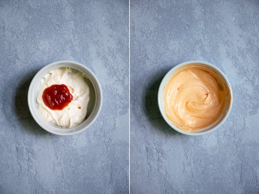 Side by side photos of sriracha and mayo before and after being mixed into sriracha mayo.