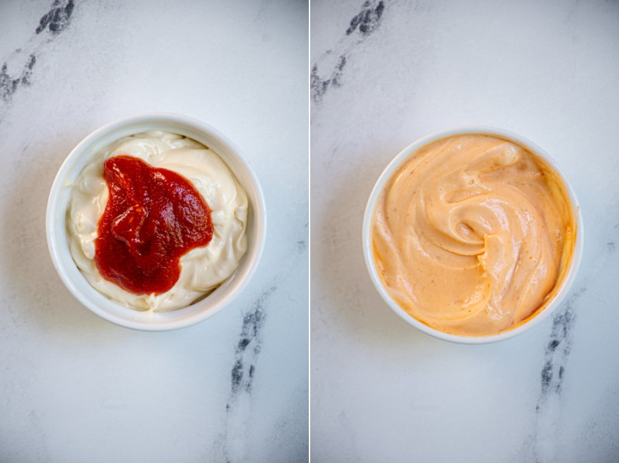 Two photo collage showing the before and after of mixing sriracha and mayo.