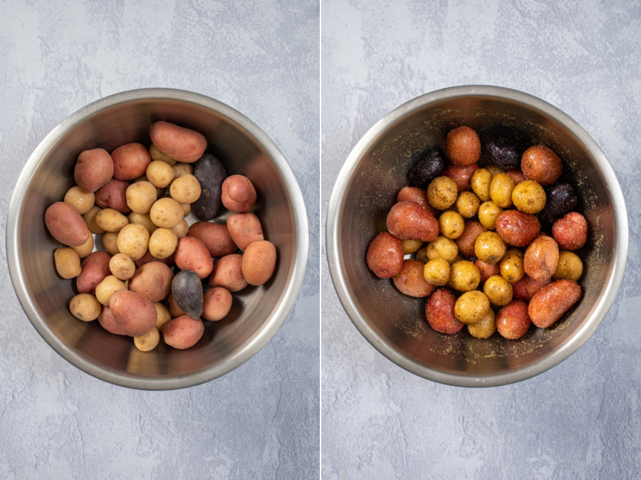 Two photos showing the steps to prepping air fryer baby potatoes.