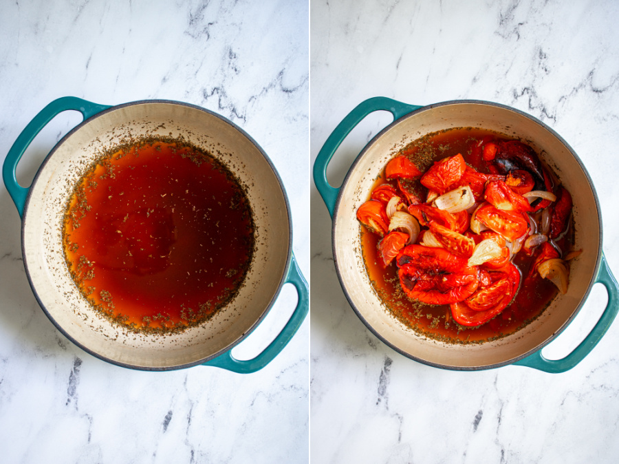 Two image collage the first photo of the vegetable broth with dried herbs and the second with the roasted vegetables added to the pot with the broth.
