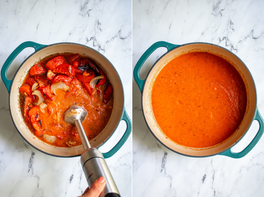 Two photo collage the first showing an immersion blender blending the soup and the second a pot of ready to eat tomato and red pepper soup.