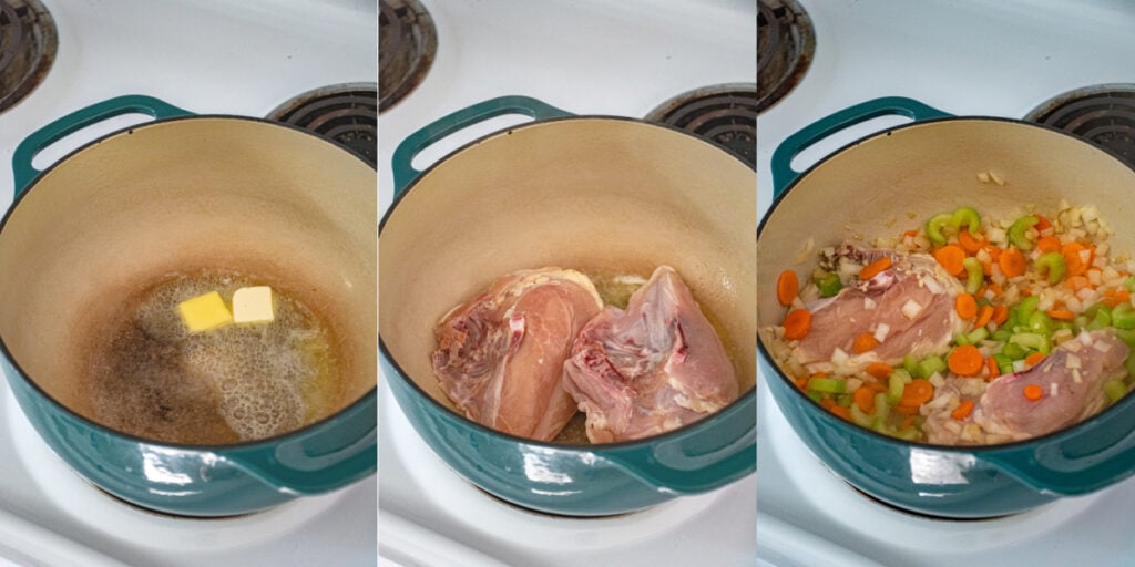 Three photo collage showing the steps of making chicken noodle sou including melting butter, searing the chicken, and adding the vegetables.