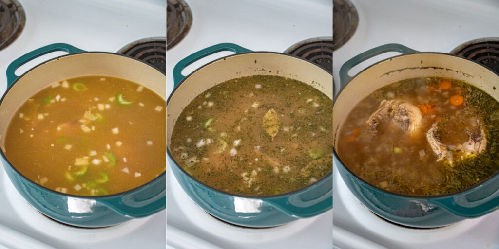 Three photo collage showing the steps of making chicken noodle soup including adding broth, adding the dried herbs, and cooking the chicken.