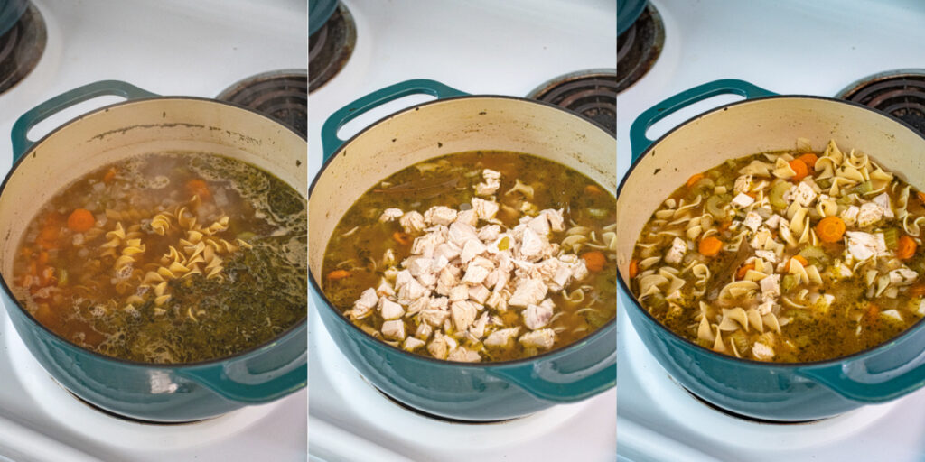 Three photo collage showing the steps of making chicken noodle soup including adding egg noodles, adding the cut chicken, and the final product.