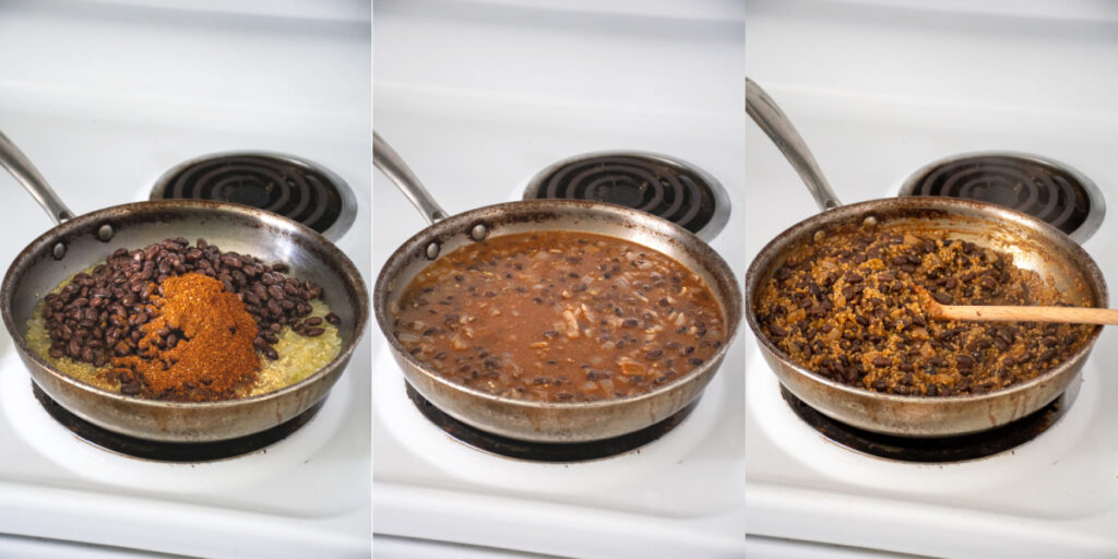 A skillet on the stovetop with quinoa, black beans, and taco seasoning being cooked down with water to make taco meat.