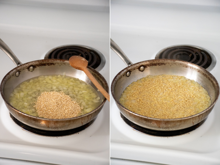 A skillet on a stovetop with onions and quinoa.