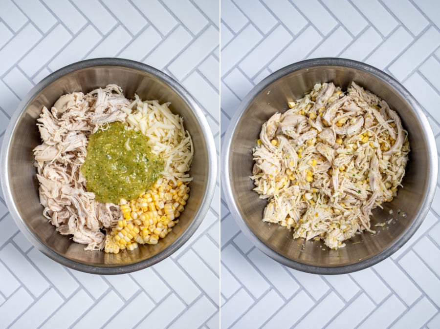 Collage showing a bowl of the ingredients for the filling of green chicken enchiladas and the filling mixed together.