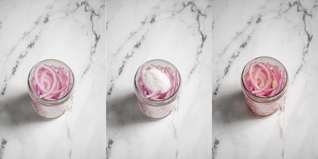 Three photo collage showing adding red onions, salt, and red wine vinegar to a jar.