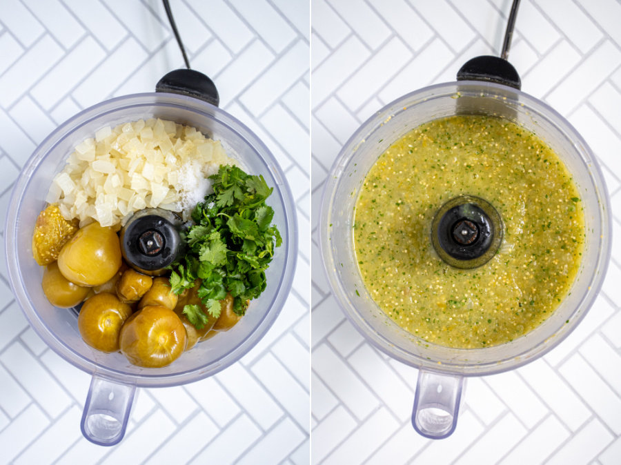 Making the green sauce for green chicken enchiladas showing the ingredients in the bender and then blended up.