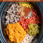 Pinterest Pin with text 'Creamy Crockpot Pumpkin Chili', images of crockpot with ingredients.