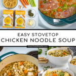 Pinterest pin with text 'Easy Stovetop Chicken Noodle Soup', image of white bowls filled with chicken noodle soup garnished with fresh parsley.