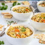 Pinterest pin with text 'Stovetop Chicken Noodle Soup', image of white bowls filled with chicken noodle soup garnished with fresh parsley.