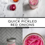 Pinterest Pin with text 'Quick Pickled Red Onions' with image of white bowl of red quick pickled onions with a fork.