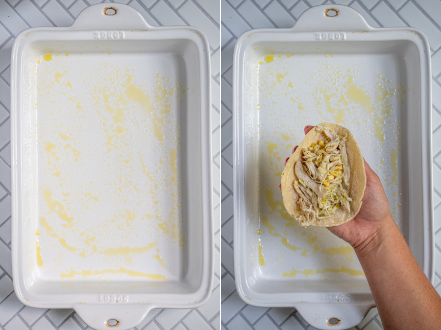 A collage of greased baking pan and a hand showing a corn tortilla with chicken filling.