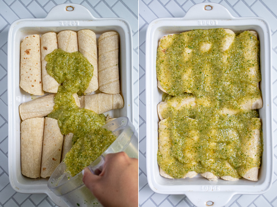 Collage showing green sauce being poured onto filled tortillas and then spread around.