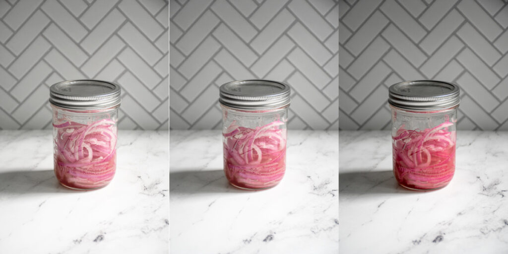 3 photo collage showing a time lapse of 15, 30, and 60 minutes of letting pickled red onions rest.