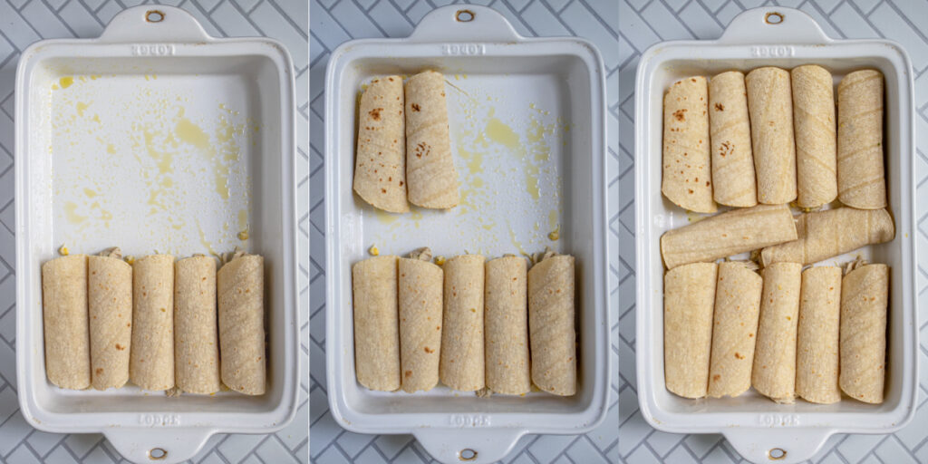 Wrapped tortillas in a collage as they fill up a baking dish.