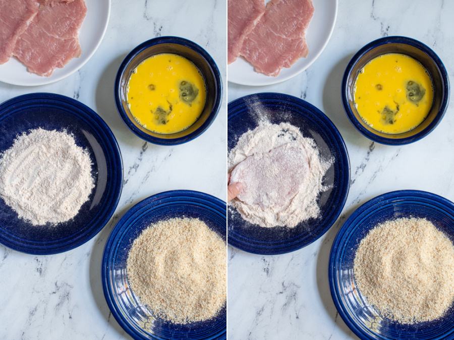 Collage showing steps of breading pork schnitzel showing the three dredging stations and dipping pork into the flour seasoning mixture.