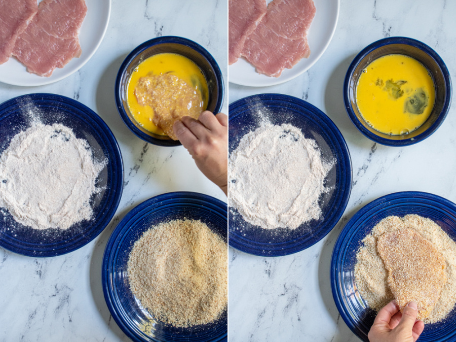 Collage showing the steps of breading schnitzel showing dredging the pork into eggs and then bread crumbs.