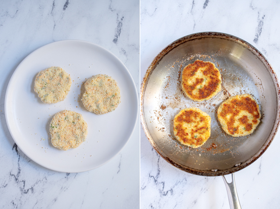 Collage showing breaded uncooked mashed potatoes cakes on a plate and of golden brown cooked mashed potatoes on a skillet.