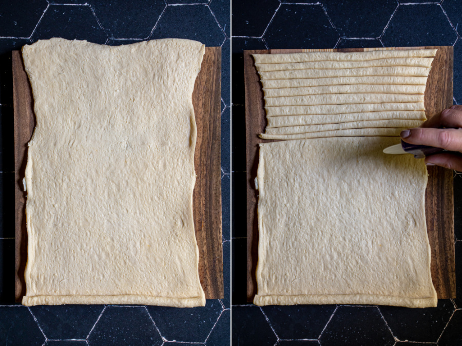 Collage showing the crescent dough being rolled out and cut into 1/4 inch strips.
