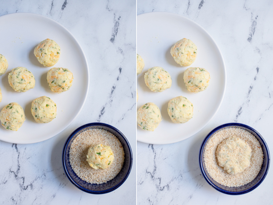 Collage of making leftover mashed potato cakes showing a ball in the bread crumbs and is gently pressed into the breadcrumbs.