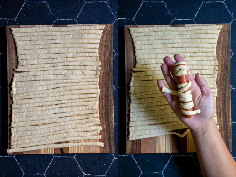 A collage showing strips of crescent dough and a hand wrapping up a hot dog to look like a mummy with the dough strips.
