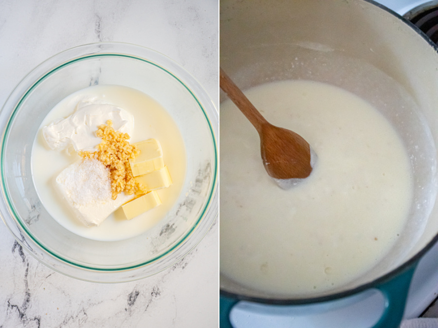 Collage showing the dairy, salt, and garlic measured out in a bowl and then being warmed up in a large pot.