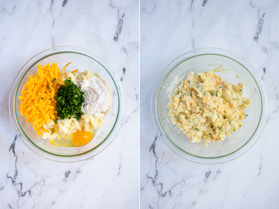 Collage of the ingredient for leftover mashed potato cakes in a bowl and then all mixed up.