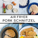 Pinterest Pin with text 'Air Fryer Pork Schnitzel', image of a white plate full of golden brown schnitzel garnished with parsley and lemon wedges.