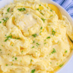 Pinterest Pin with text 'Mashed Potatoes Stovetop or Instant Pot Instructions', image of a large bowl of classic mashed potatoes with melted butter.