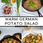 Pinterest Pin with text 'Warm German Potato Salad', image of a white bowl filled with German potato salad with bacon and fresh parsley.