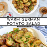 Pinterest Pin with text 'Warm German Potato Salad', image of a white bowl filled with German potato salad with bacon and fresh parsley.