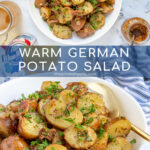 Pinterest Pin with text 'Warm German Potato Salad', image of a white bowl filled with German potato salad with bacon and fresh parsley.