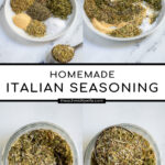 Pinterest Pin with text 'Homemade Italian Seasoning',image of a small plate with Italian seasoning ingredients.