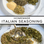 Pinterest Pin with text 'Homemade Italian Seasoning',image of a small plate with Italian seasoning ingredients.