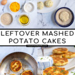 Pinterest Pin with text 'Leftover Mashed Potato Cakes', image showing golden brown leftover mashed potato cakes on a platter with fresh parsley.