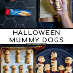 Pinterest Pin with text 'Halloween Mummy Dogs', image of mummy dogs with mustard eyes on a black plate.