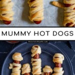 Pinterest Pin with text 'Mummy Dogs', image of mummy dogs with mustard eyes on a black plate.
