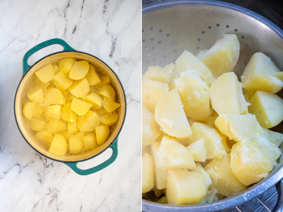 Collage showing peeled and quartered potatoes in a pot covered with water and then cooked potatoes in a colander.